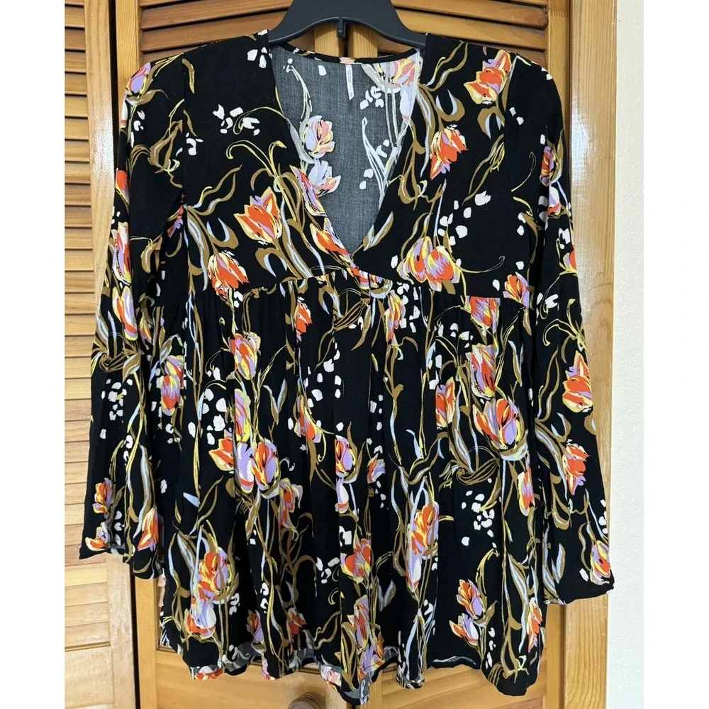 EUC! Free People Black Onyx Floral Bella Tunic Top‎ Dress Women's Size XS